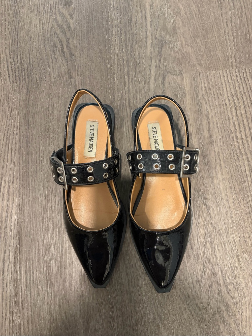 Steve Madden Black Patent Slingback Flats with Grommet Strap